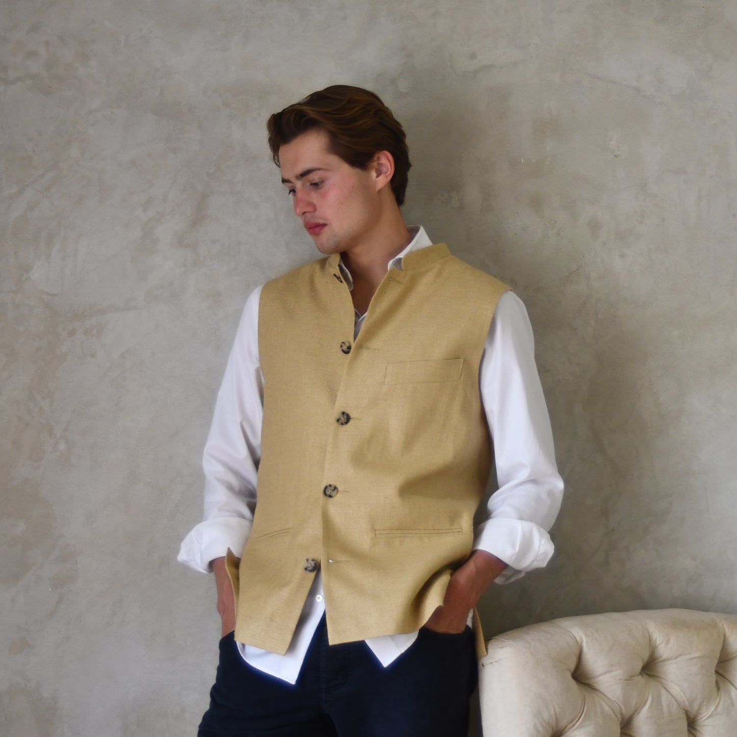 Classic Cut Waistcoat in Raffia Silk Matka