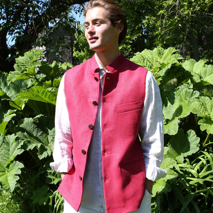 40" Classic Cut Waistcoat in Deep Red Heavier Weight Irish Linen