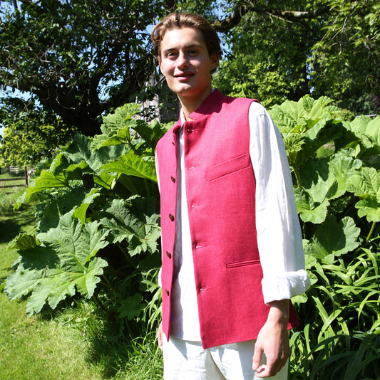 Tailored Cut Waistcoat in Deep Red Heavier-Weight Irish Linen