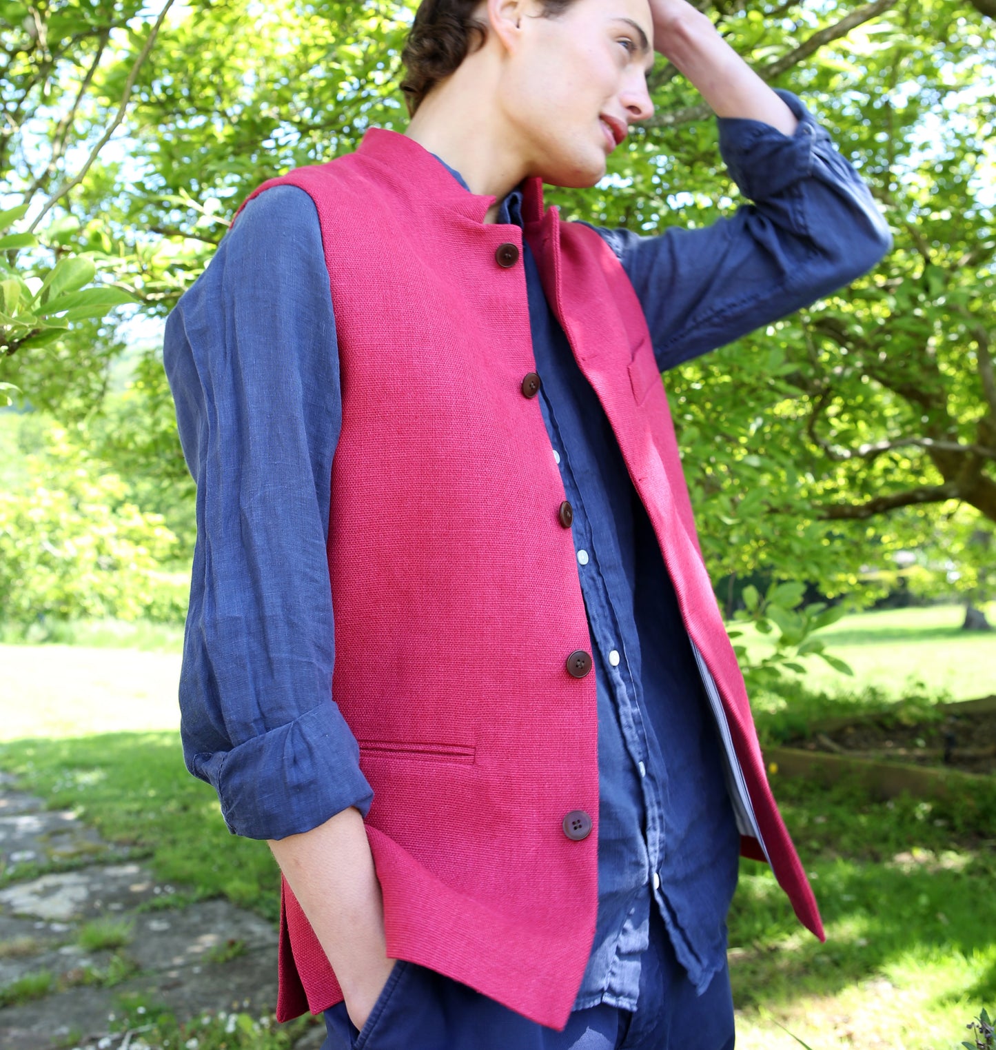 40" Classic Cut Waistcoat in Deep Red Heavier Weight Irish Linen