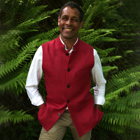Classic Cut Waistcoat in Deep Red Heavier-Weight Irish Linen