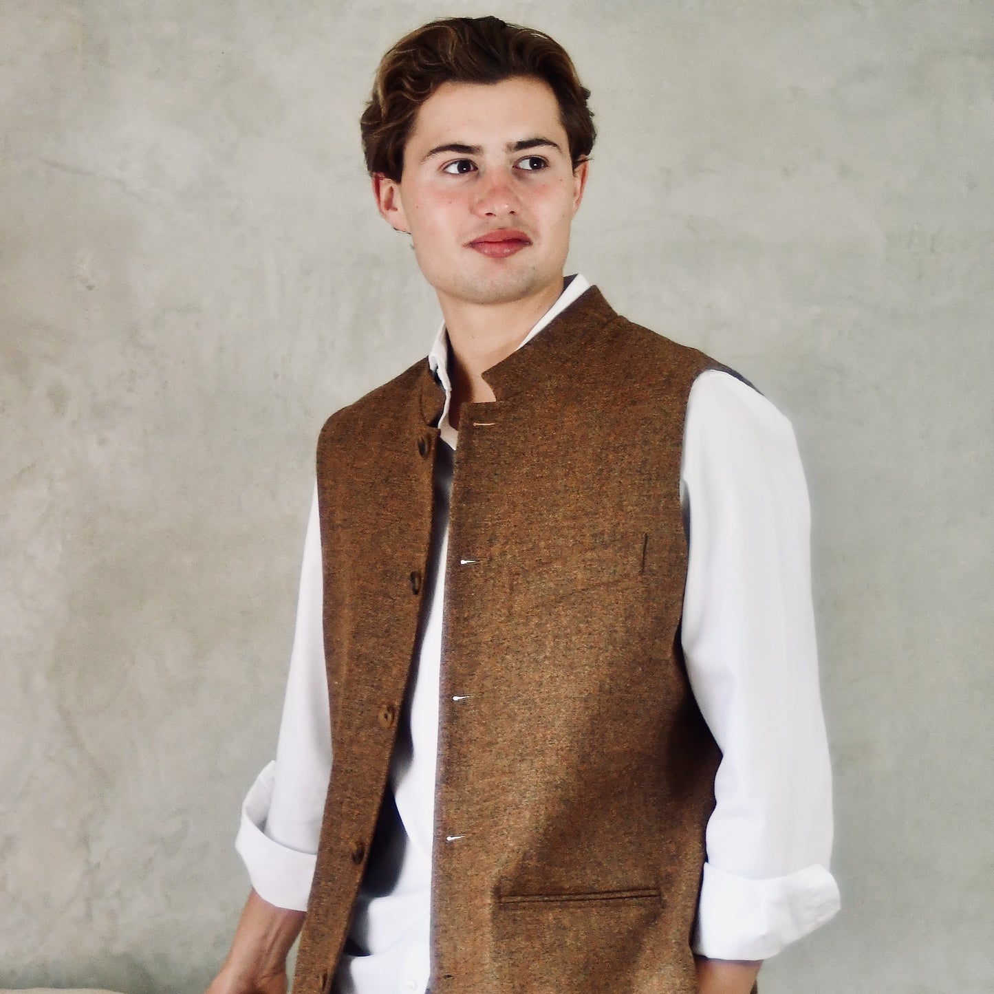 40" Classic Cut Waistcoat in Brown and Orange Finely Woven Tweed