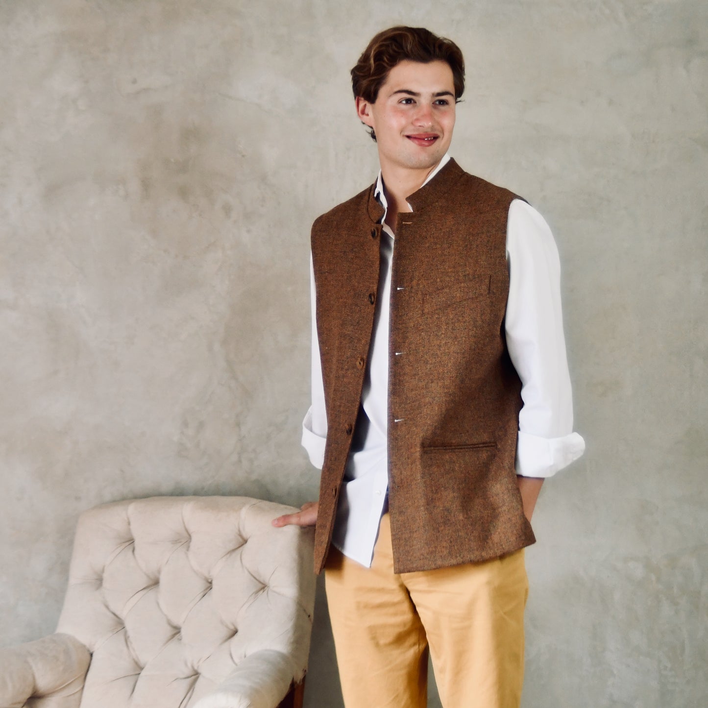40" Classic Cut Waistcoat in Brown and Orange Finely Woven Tweed