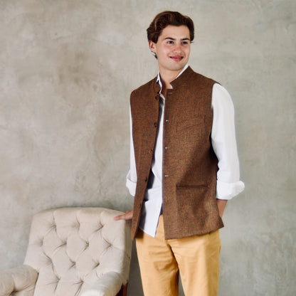 40" Classic Cut Waistcoat in Brown and Orange Finely Woven Tweed