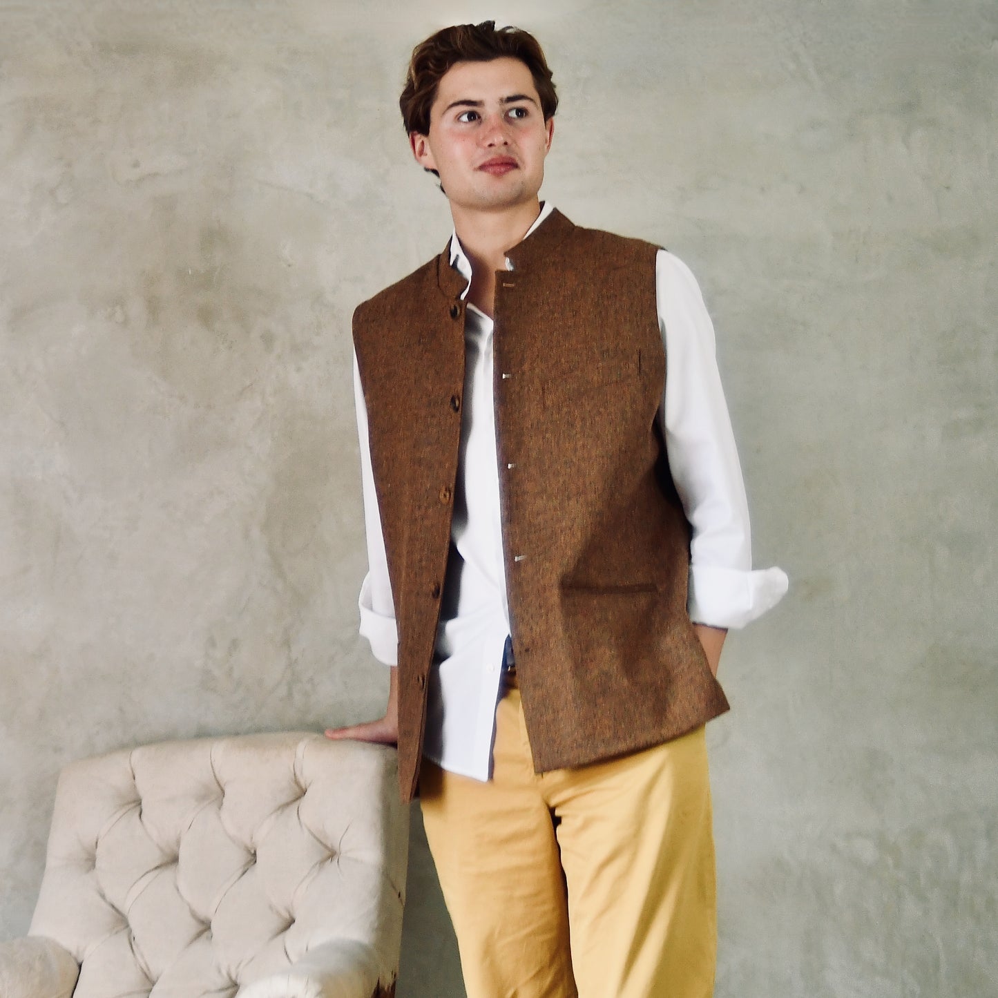 40" Classic Cut Waistcoat in Brown and Orange Finely Woven Tweed