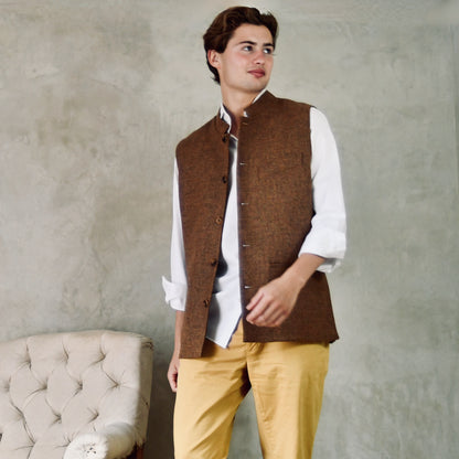 40" Classic Cut Waistcoat in Brown and Orange Finely Woven Tweed