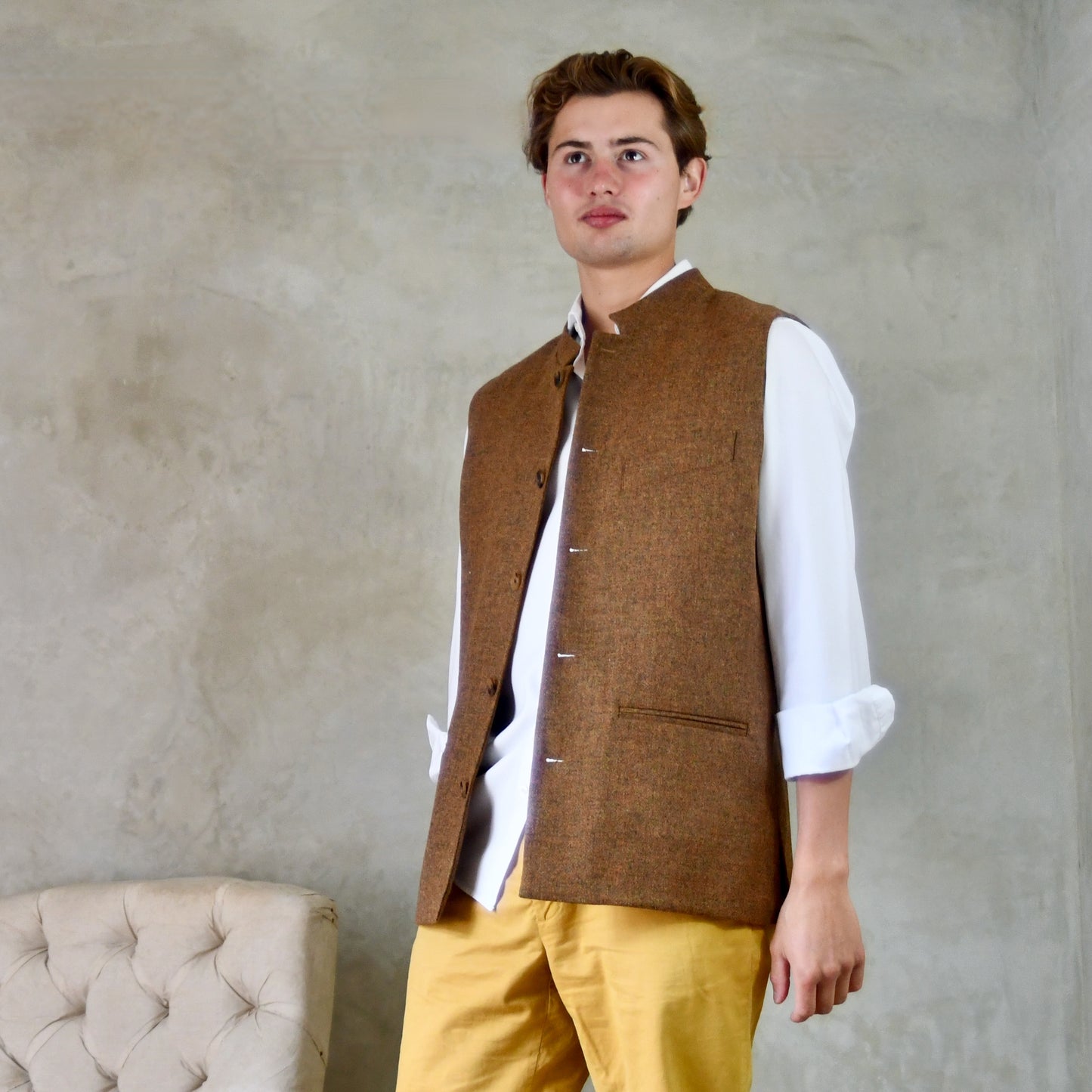 40" Classic Cut Waistcoat in Brown and Orange Finely Woven Tweed