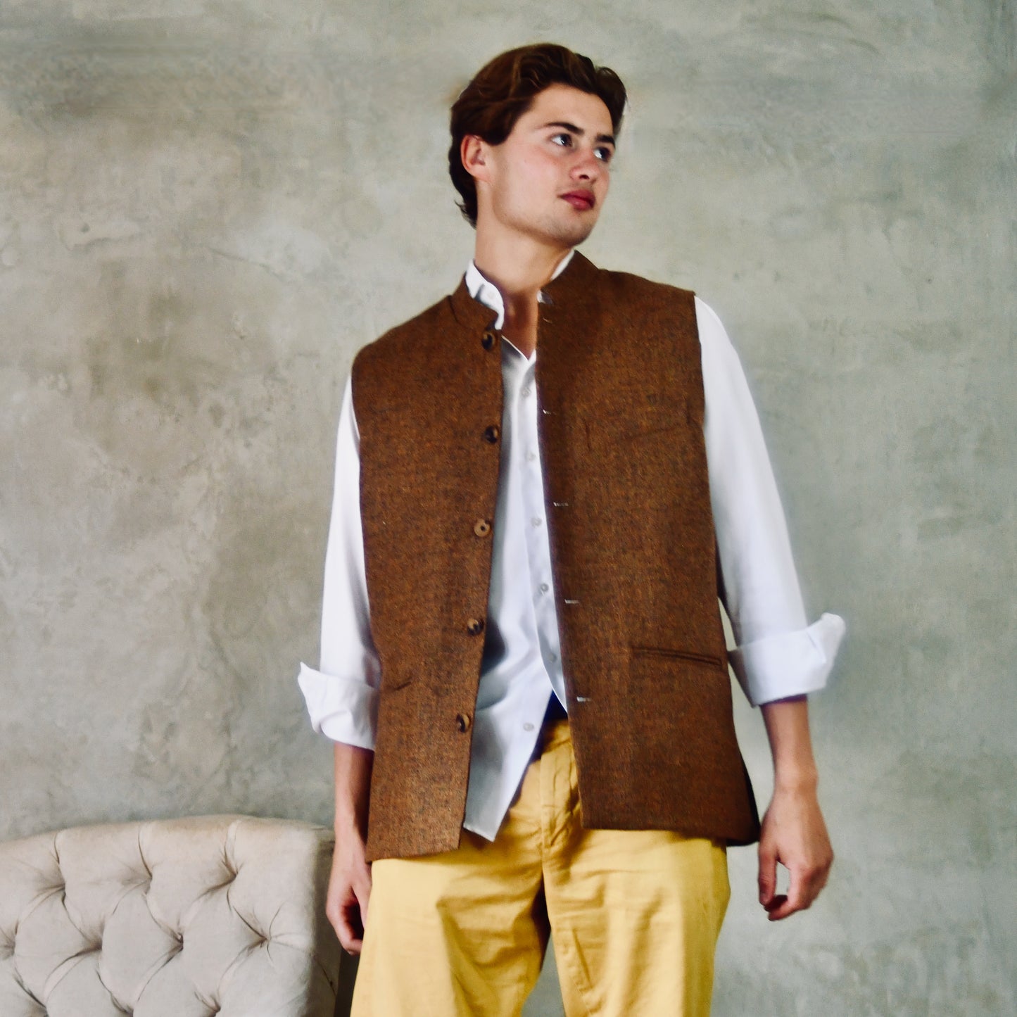 40" Classic Cut Waistcoat in Brown and Orange Finely Woven Tweed