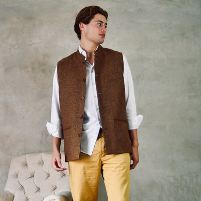 40" Classic Cut Waistcoat in Brown and Orange Finely Woven Tweed