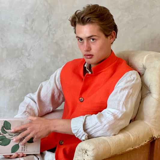 Tailored Cut Waistcoat in Saffron Orange Silk Matka