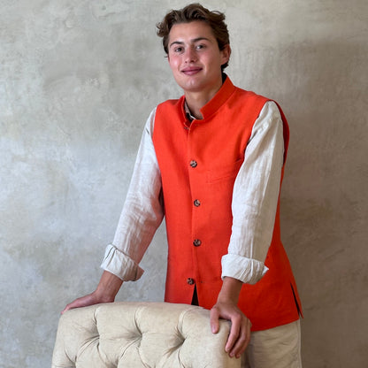 Tailored Cut Waistcoat in Saffron Orange Silk Matka