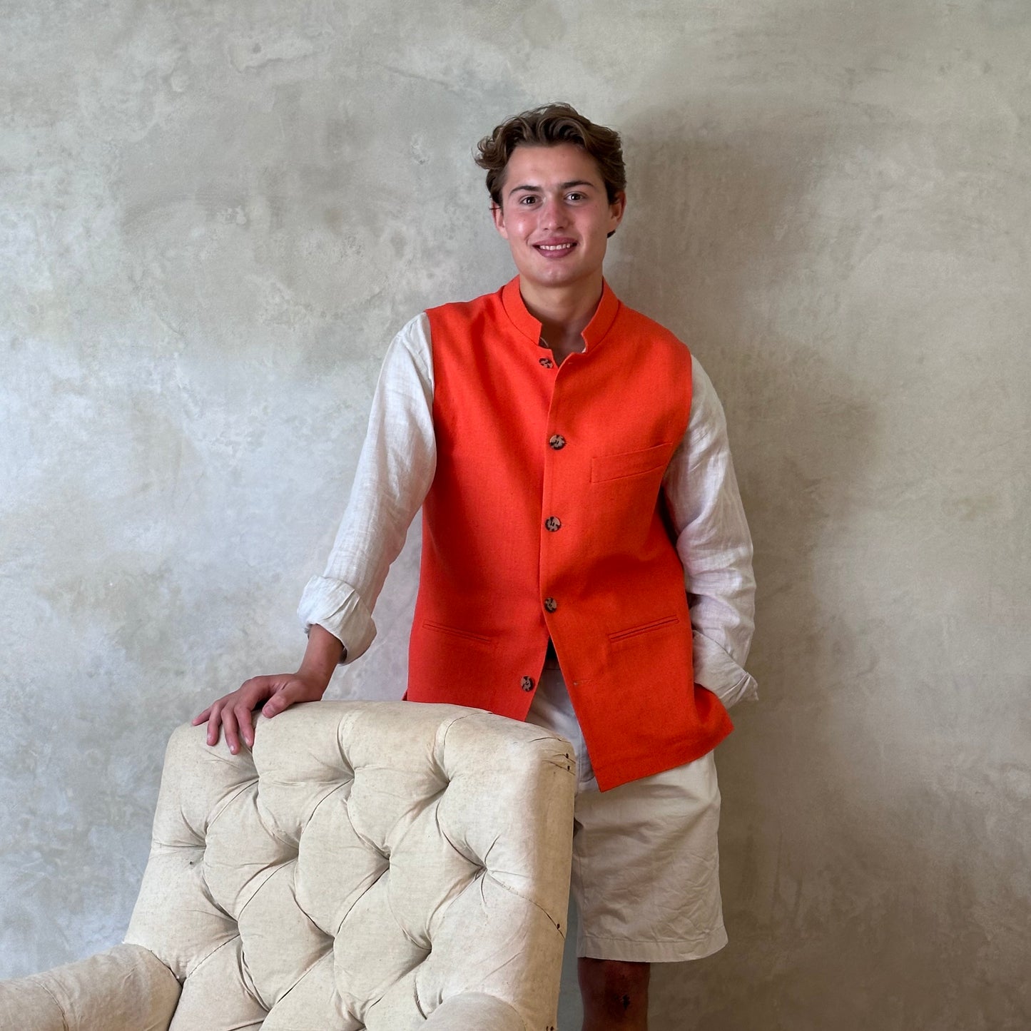 Tailored Cut Waistcoat in Saffron Orange Silk Matka