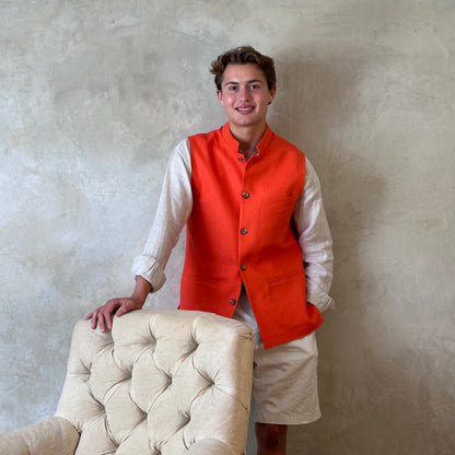 Tailored Cut Waistcoat in Saffron Orange Silk Matka