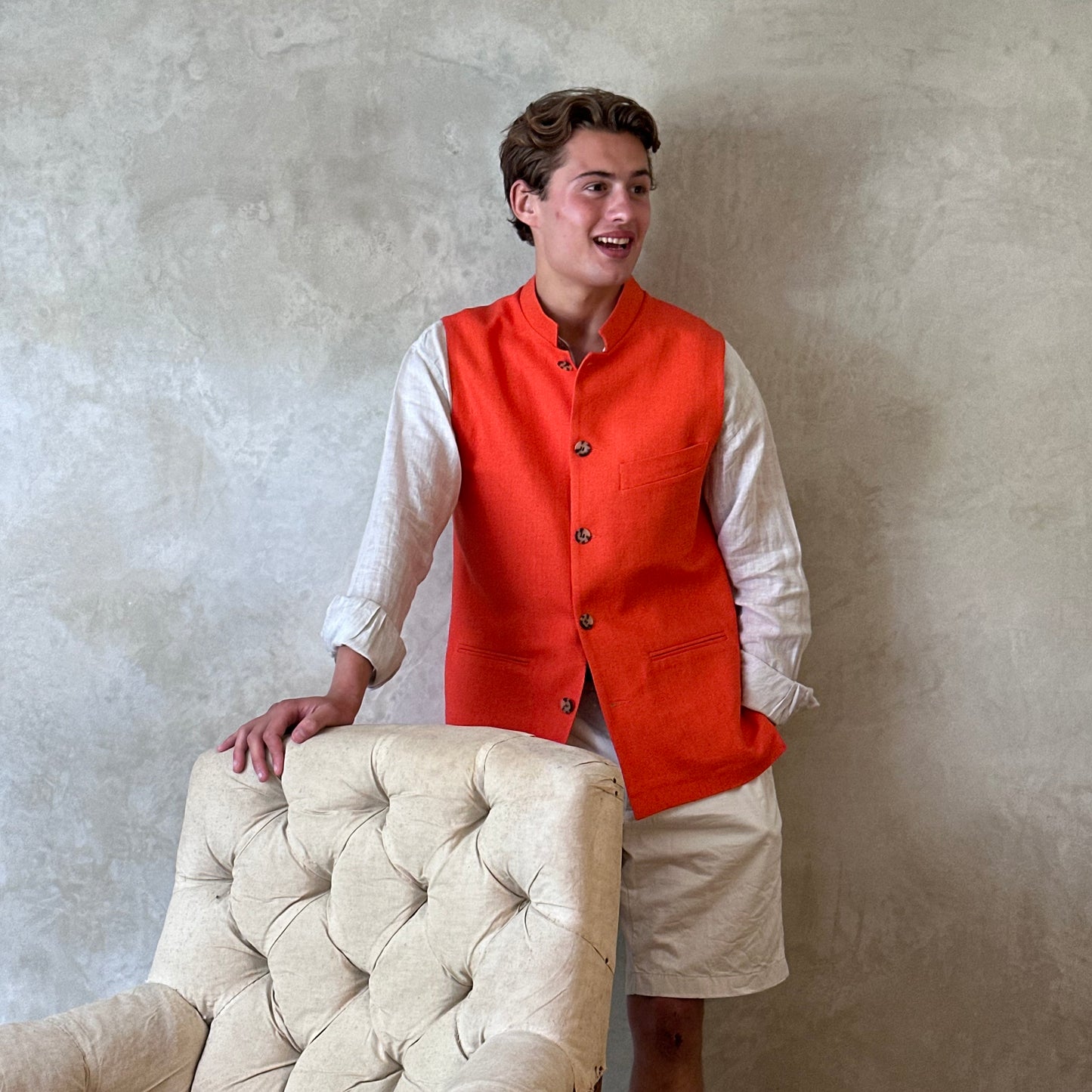 Tailored Cut Waistcoat in Saffron Orange Silk Matka