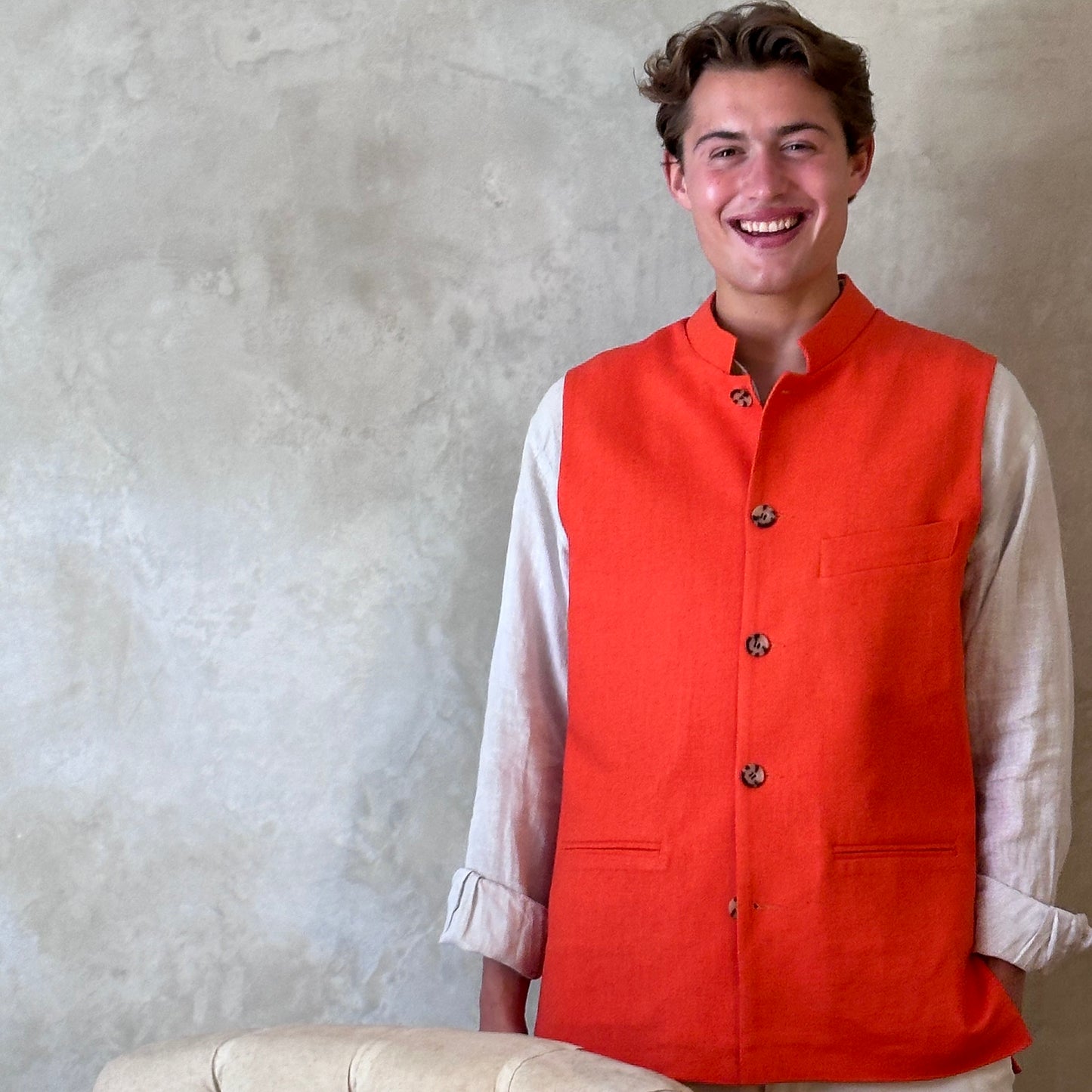 Tailored Cut Waistcoat in Saffron Orange Silk Matka