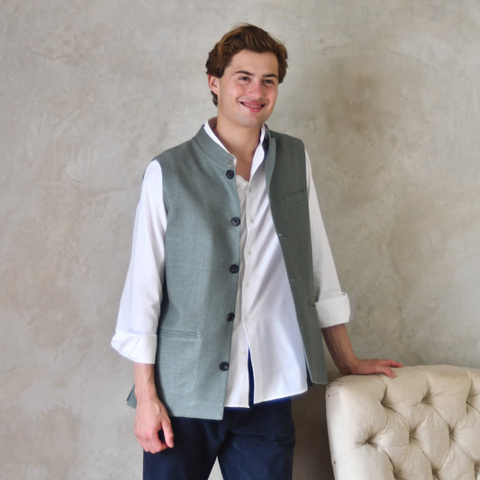 Tailored Cut Waistcoat in Sage Silk Matka
