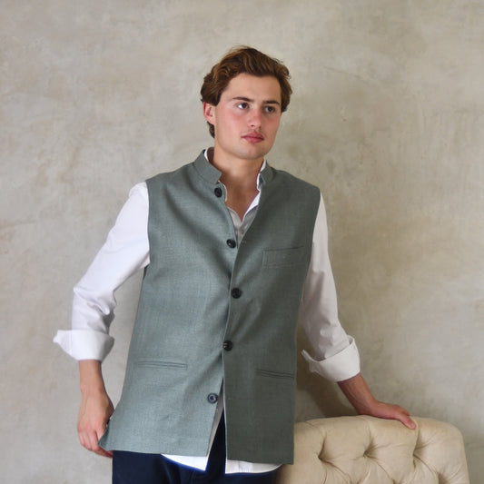 Classic Cut Waistcoat in Sage Silk Matka