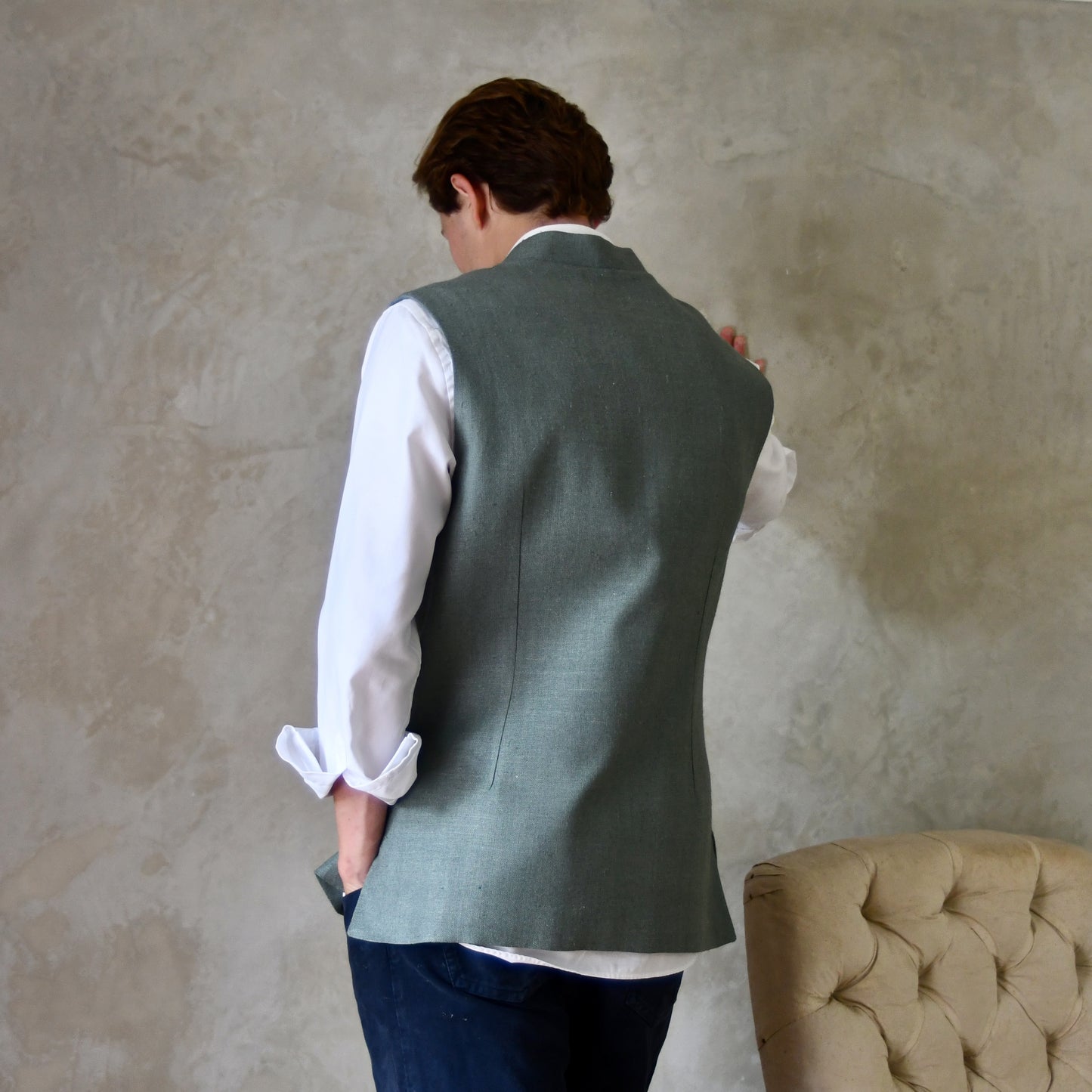 Classic Cut Waistcoat in Sage Silk Matka