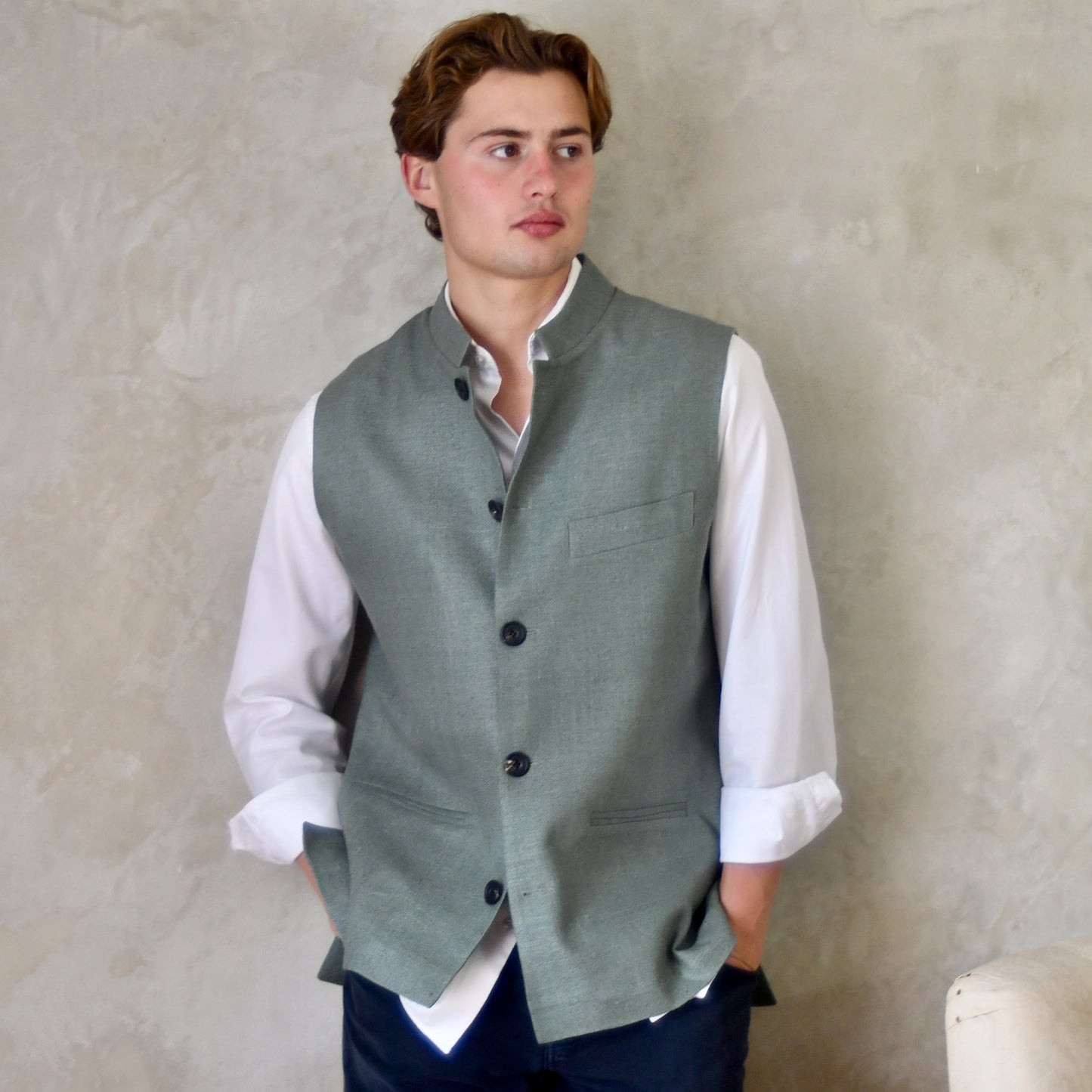 Classic Cut Waistcoat in Sage Silk Matka