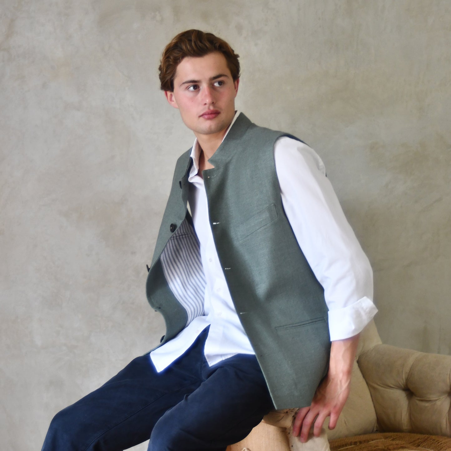 Classic Cut Waistcoat in Sage Silk Matka