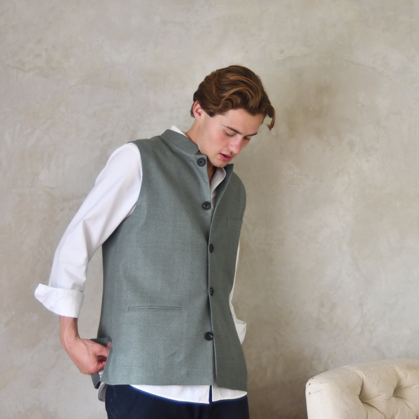 Classic Cut Waistcoat in Sage Silk Matka