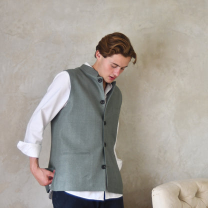 Classic Cut Waistcoat in Sage Silk Matka