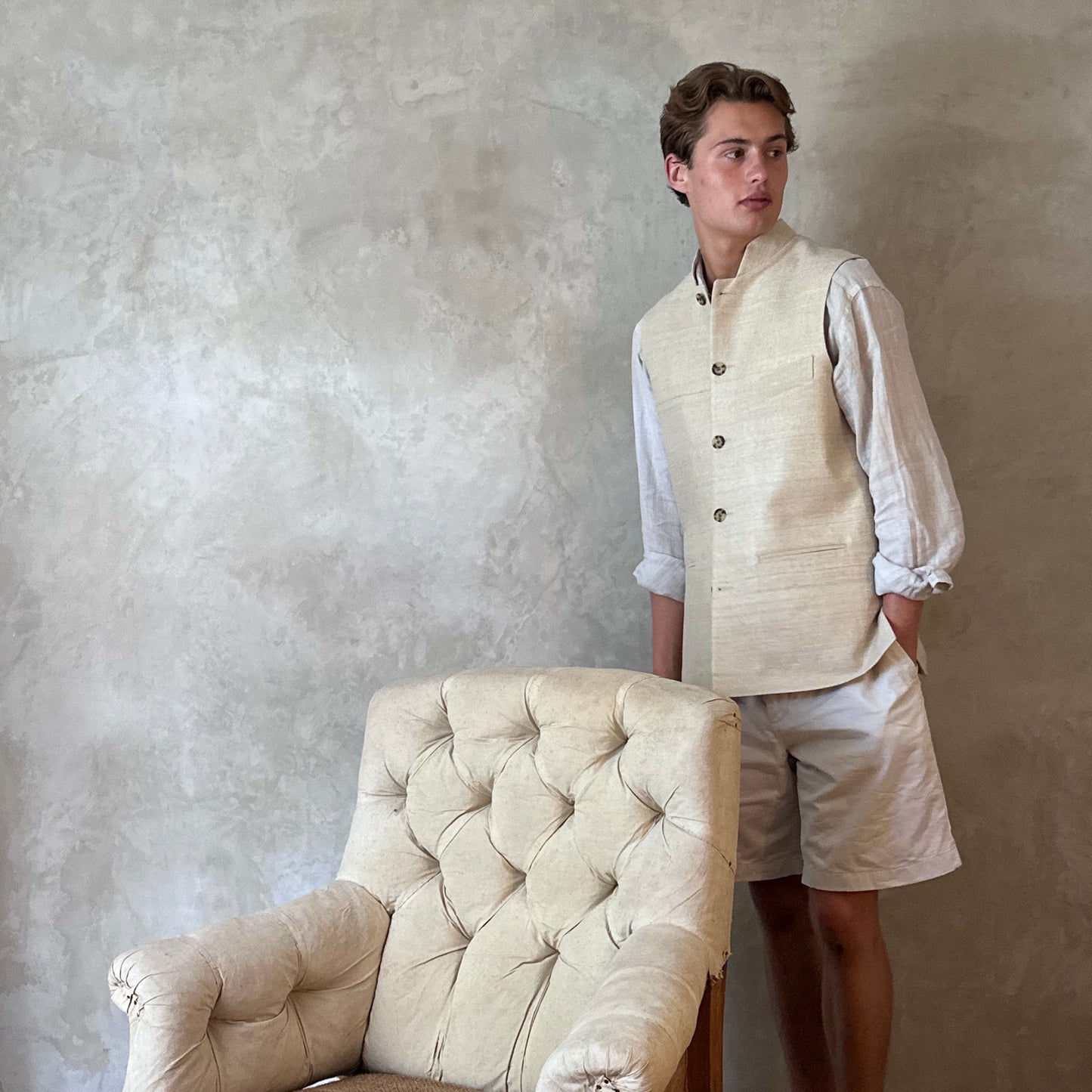 Classic Cut Waistcoat in Pale Sand Silk Matka