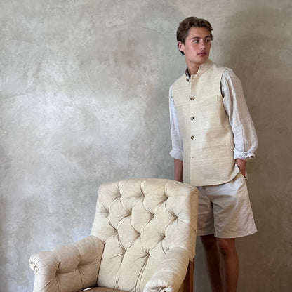 Classic Cut Waistcoat in Pale Sand Silk Matka