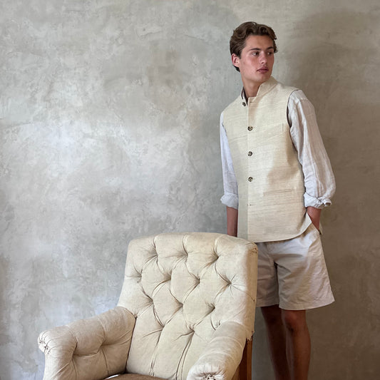 Classic Cut Waistcoat in Pale Sand Silk Matka