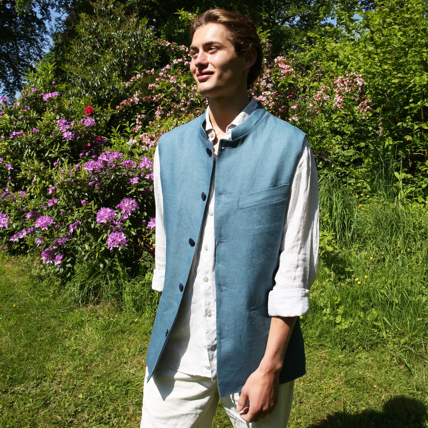 Tailored Cut Waistcoat in Sea Green Lighter Weight Linen