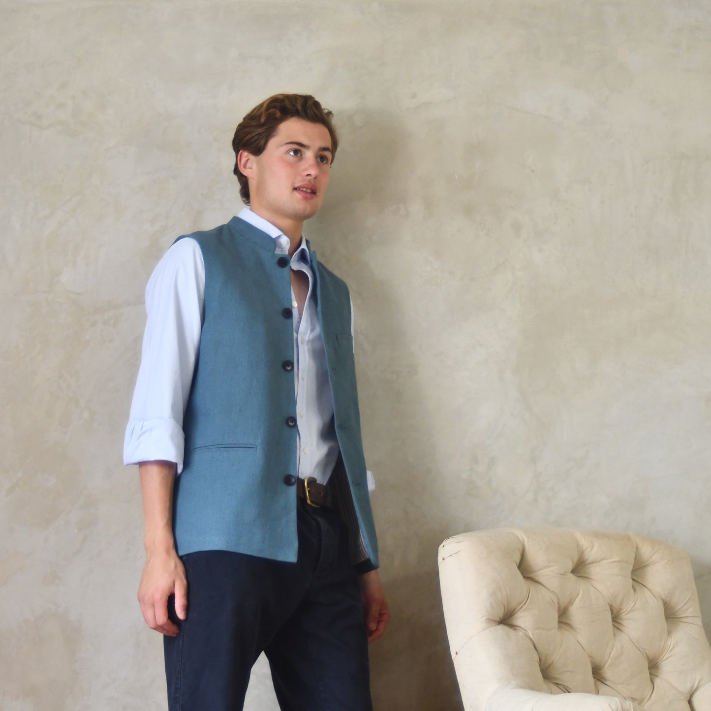 44" Tailored Cut Waistcoat in Seafoam Mid-Weight Irish Linen