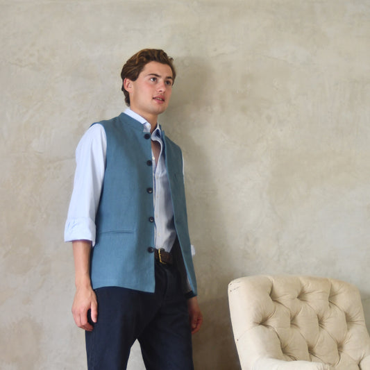 42" Tailored Cut Waistcoat in Seafoam Mid-Weight Irish Linen