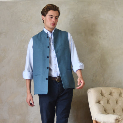 44" Tailored Cut Waistcoat in Seafoam Mid-Weight Irish Linen