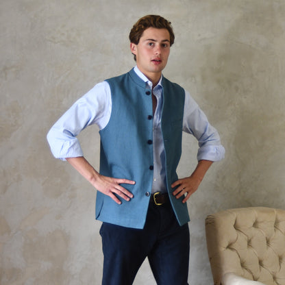 44" Tailored Cut Waistcoat in Seafoam Mid-Weight Irish Linen