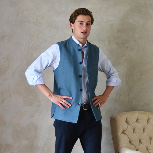Classic Cut Waistcoat in Seafoam Mid-Weight Irish Linen