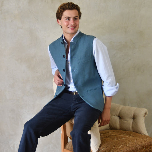 Tailored Waistcoat in Seafoam Mid-Weight Irish Linen