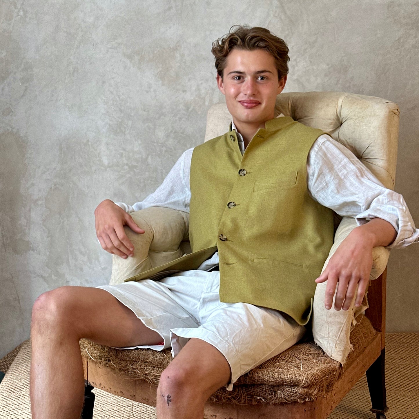 Tailored Cut Waistcoat in Sepal Green Silk Matka