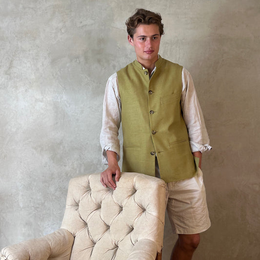 Tailored Cut Waistcoat in Sepal Green Silk Matka