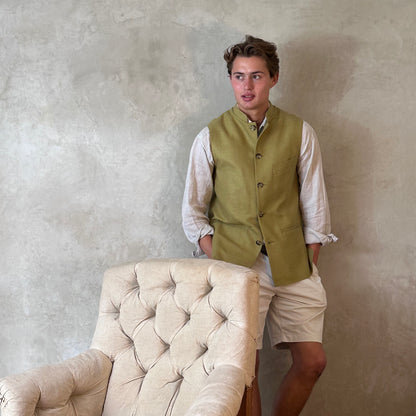 Tailored Cut Waistcoat in Sepal Green Silk Matka