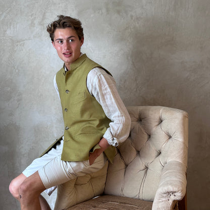 Tailored Cut Waistcoat in Sepal Green Silk Matka