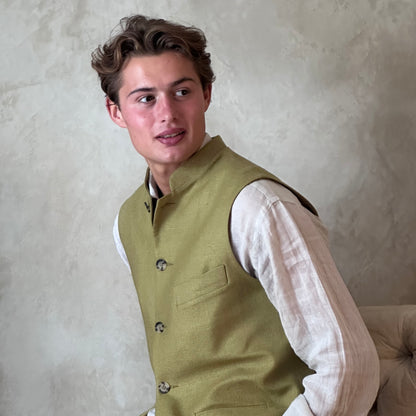 Tailored Cut Waistcoat in Sepal Green Silk Matka