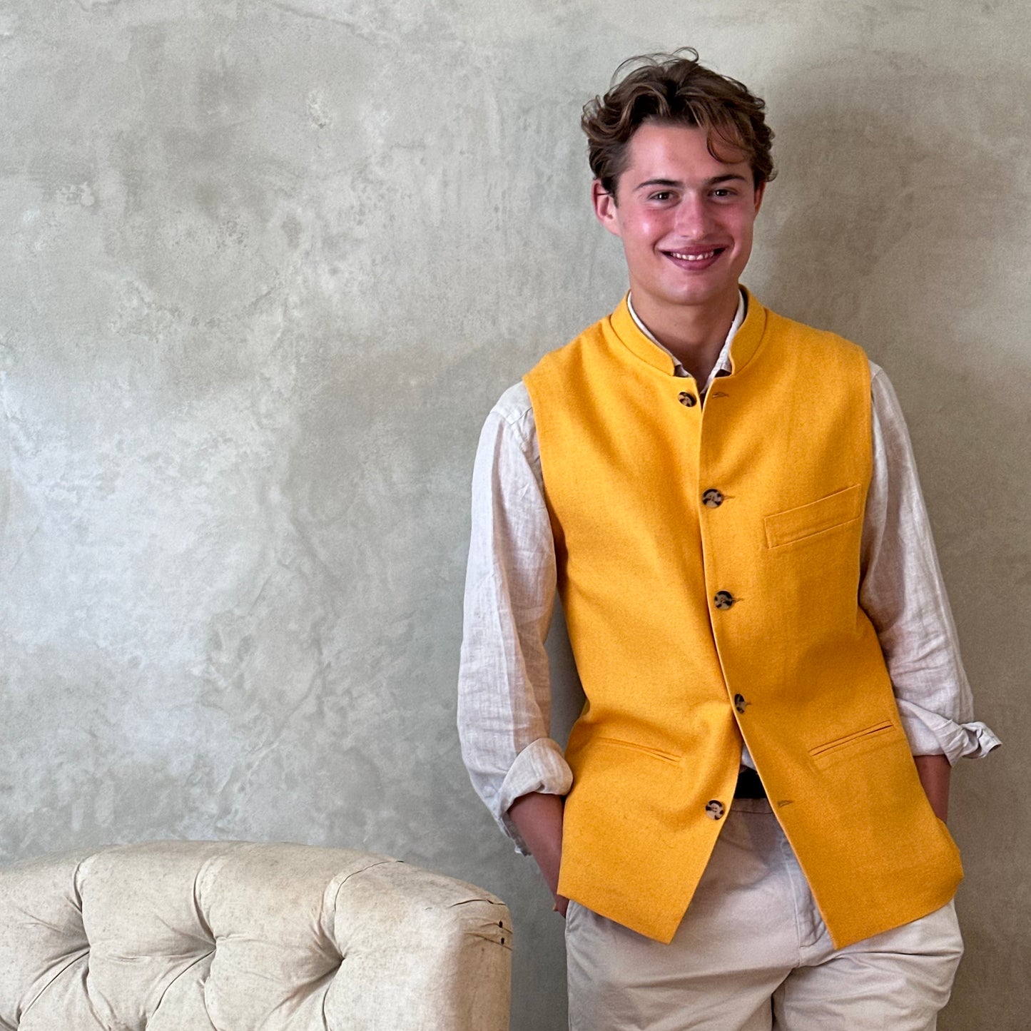 Tailored Cut Waistcoat in Sunflower Yellow Silk Matka