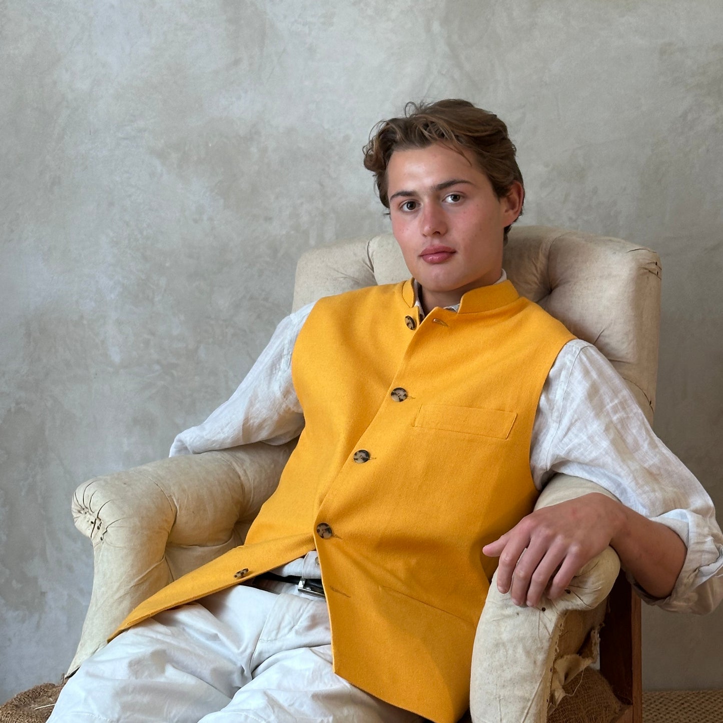 Tailored Cut Waistcoat in Sunflower Yellow Silk Matka