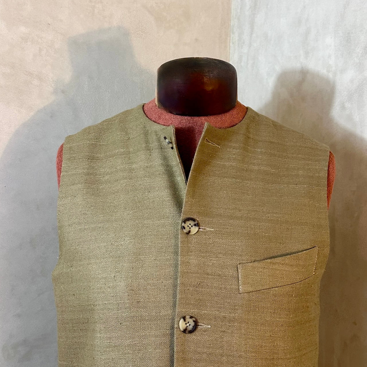 36" Classic Cut Waistcoat in Khaki Silk Matka