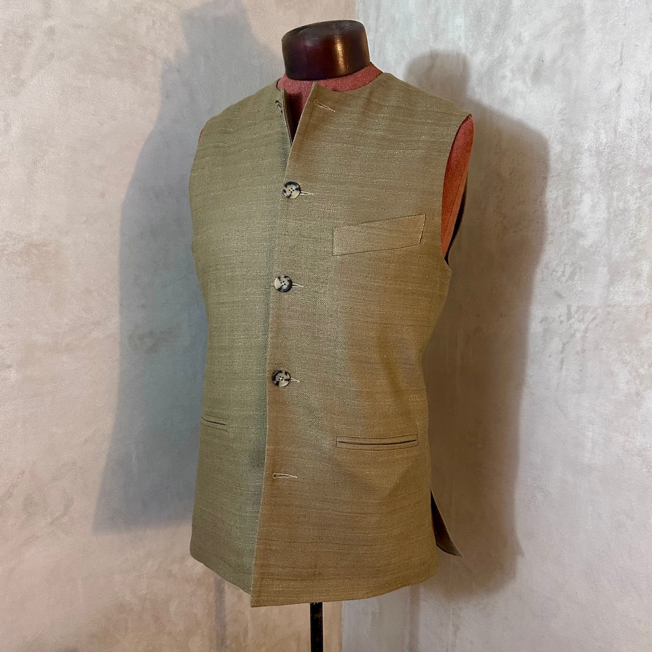 36" Classic Cut Waistcoat in Khaki Silk Matka