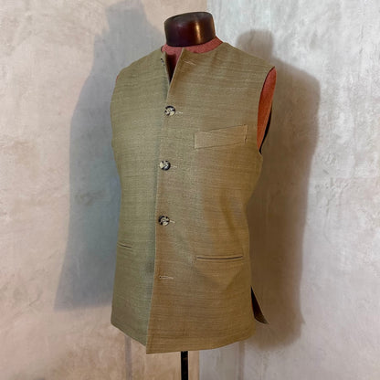 36" Classic Cut Waistcoat in Khaki Silk Matka