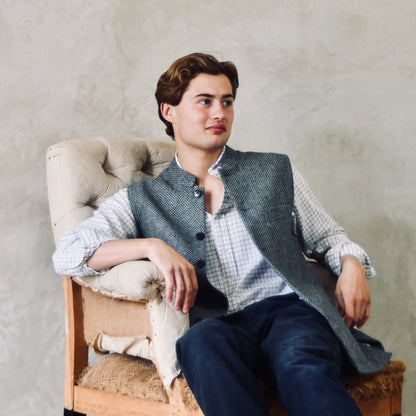 Classic Cut Waistcoat in Blue Grey Tiger Eye Tweed