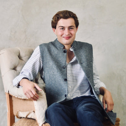 Classic Cut Waistcoat in Blue Grey Tiger Eye Tweed