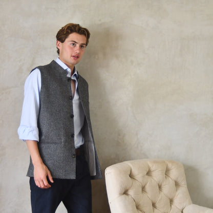 Classic Cut Waistcoat in Grey Blue Tiger Eye Tweed