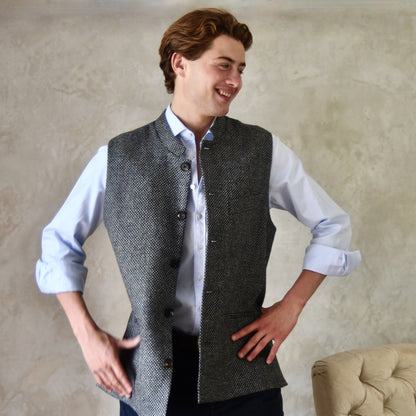 Classic Cut Waistcoat in Grey Blue Tiger Eye Tweed